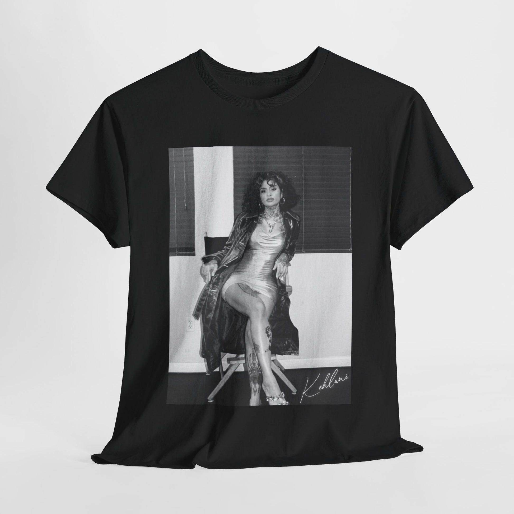 A black graphic t-shirt featuring a vintage black and white graphic or photo of Kehlani.