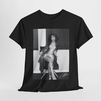 A black graphic t-shirt featuring a vintage black and white graphic or photo of Kehlani.