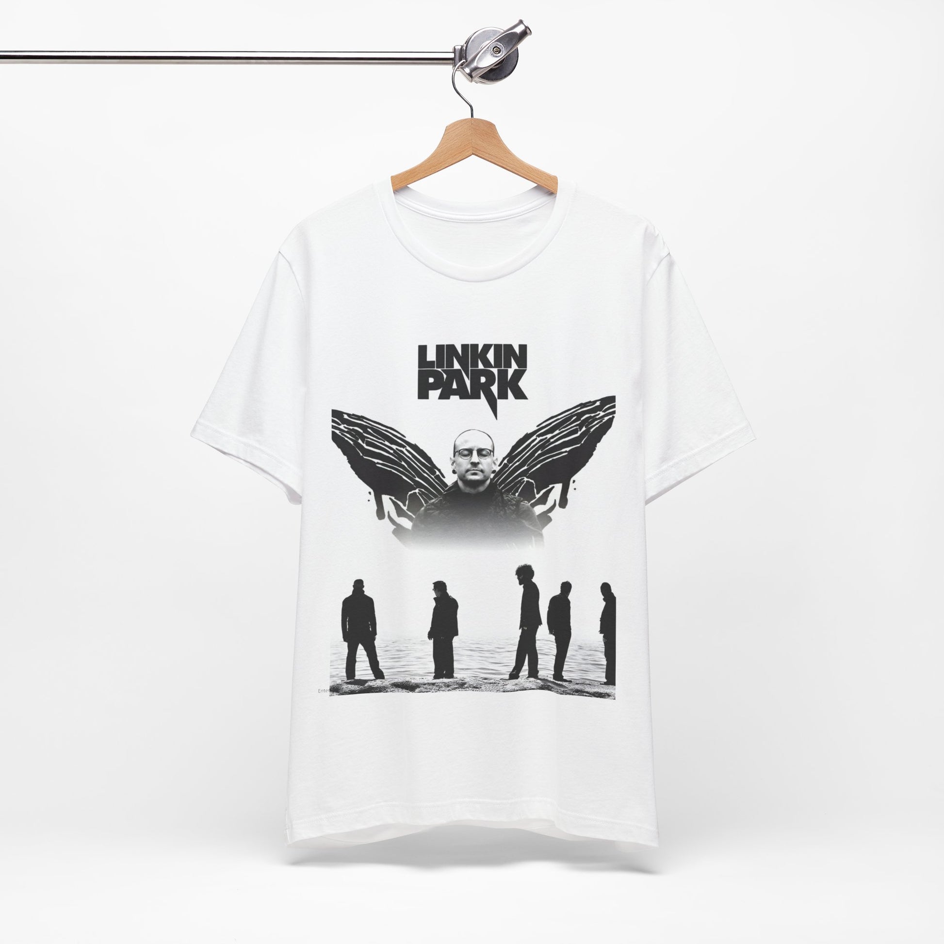A black graphic t-shirt featuring a tribute graphic for Chester Bennington of Linkin Park.