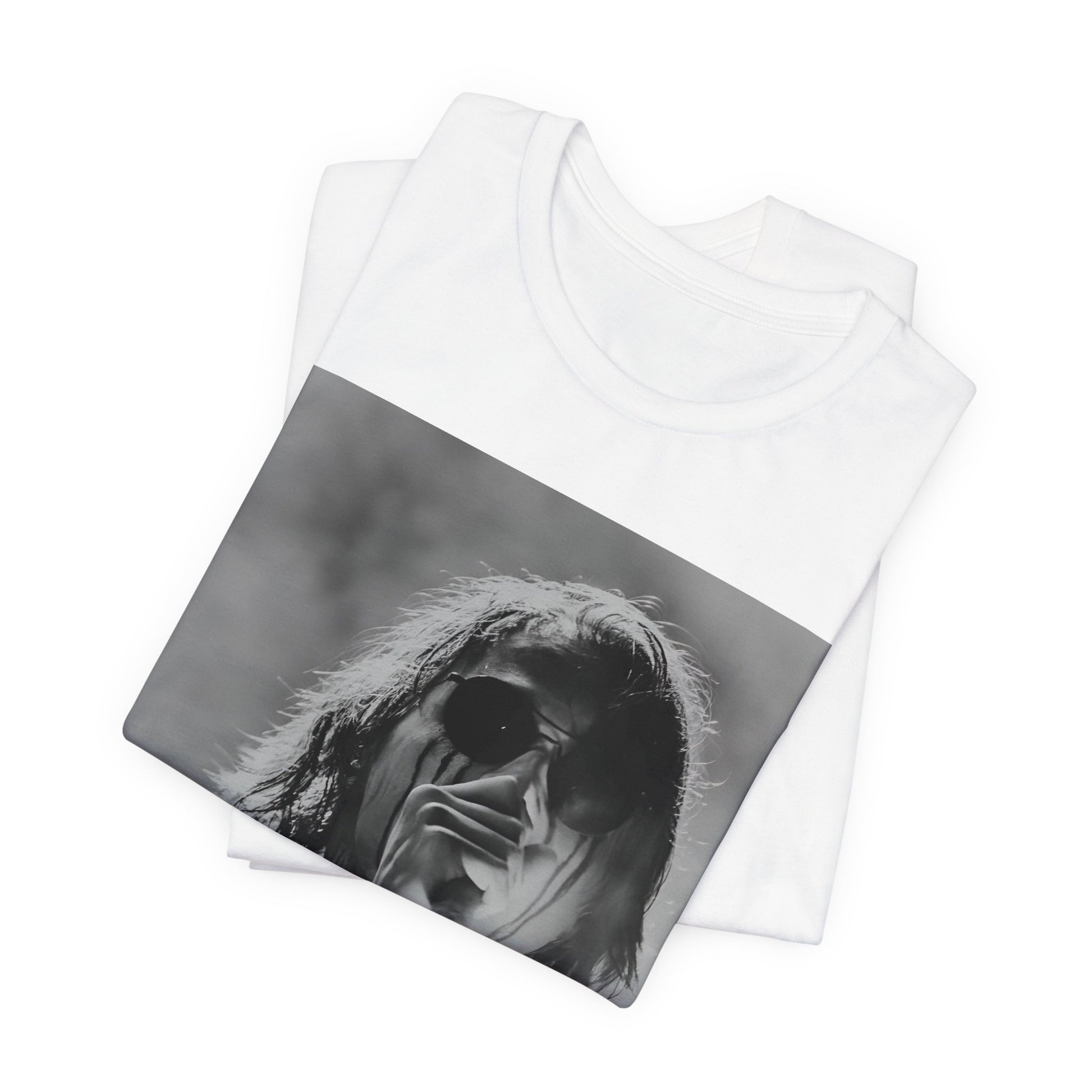A black graphic t-shirt featuring a black and white, monochrome graphic or photo of My Chemical Romance.