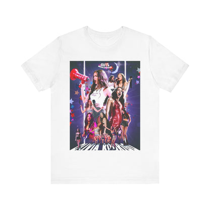 A black graphic t-shirt featuring a bootleg graphic of Olivia Rodrigo.