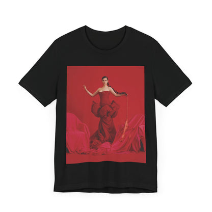 A black graphic t-shirt featuring a glam pop diva graphic of Selena Gomez.