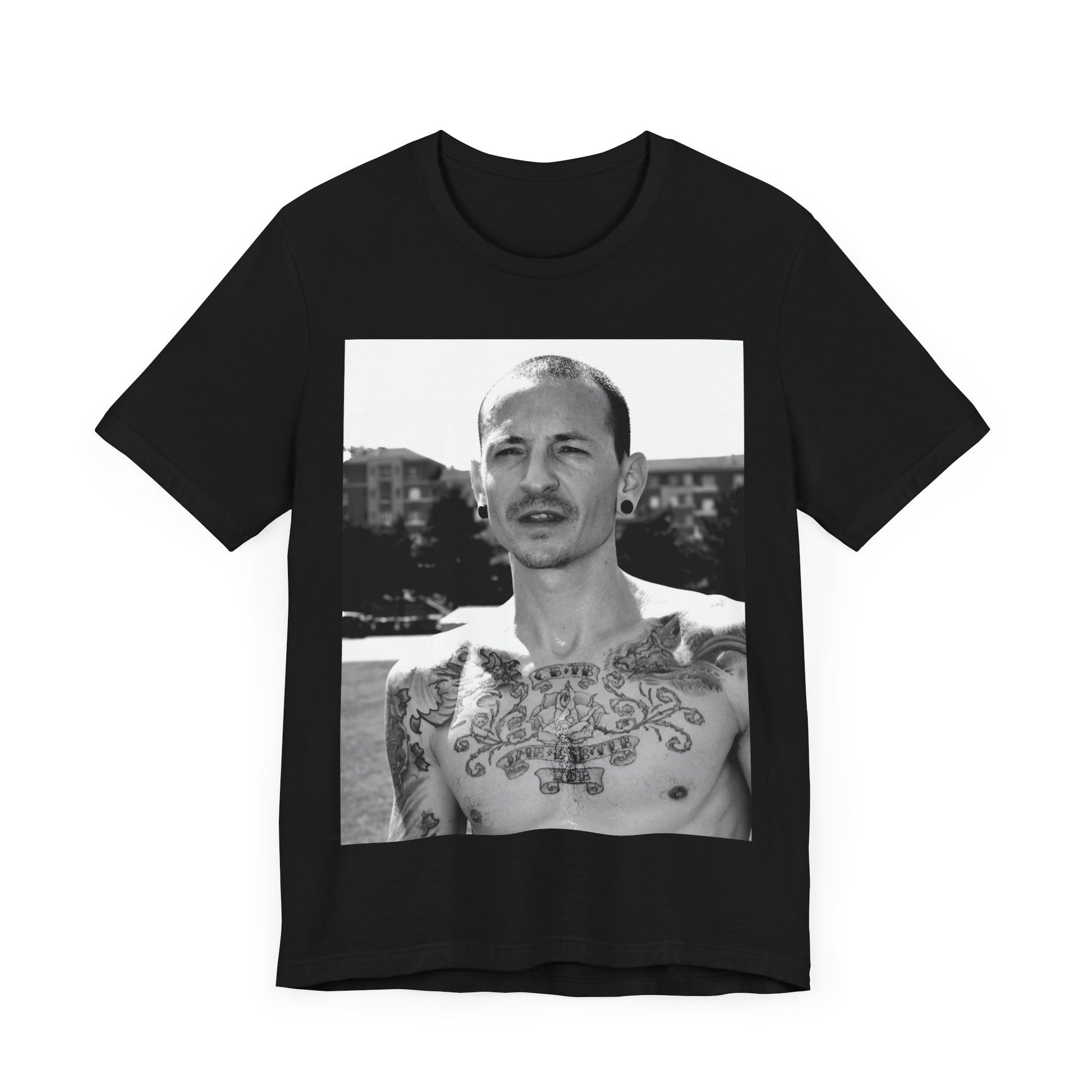 A black graphic t-shirt featuring a black and white graphic or photo portrait of Chester Bennington from Linkin Park.