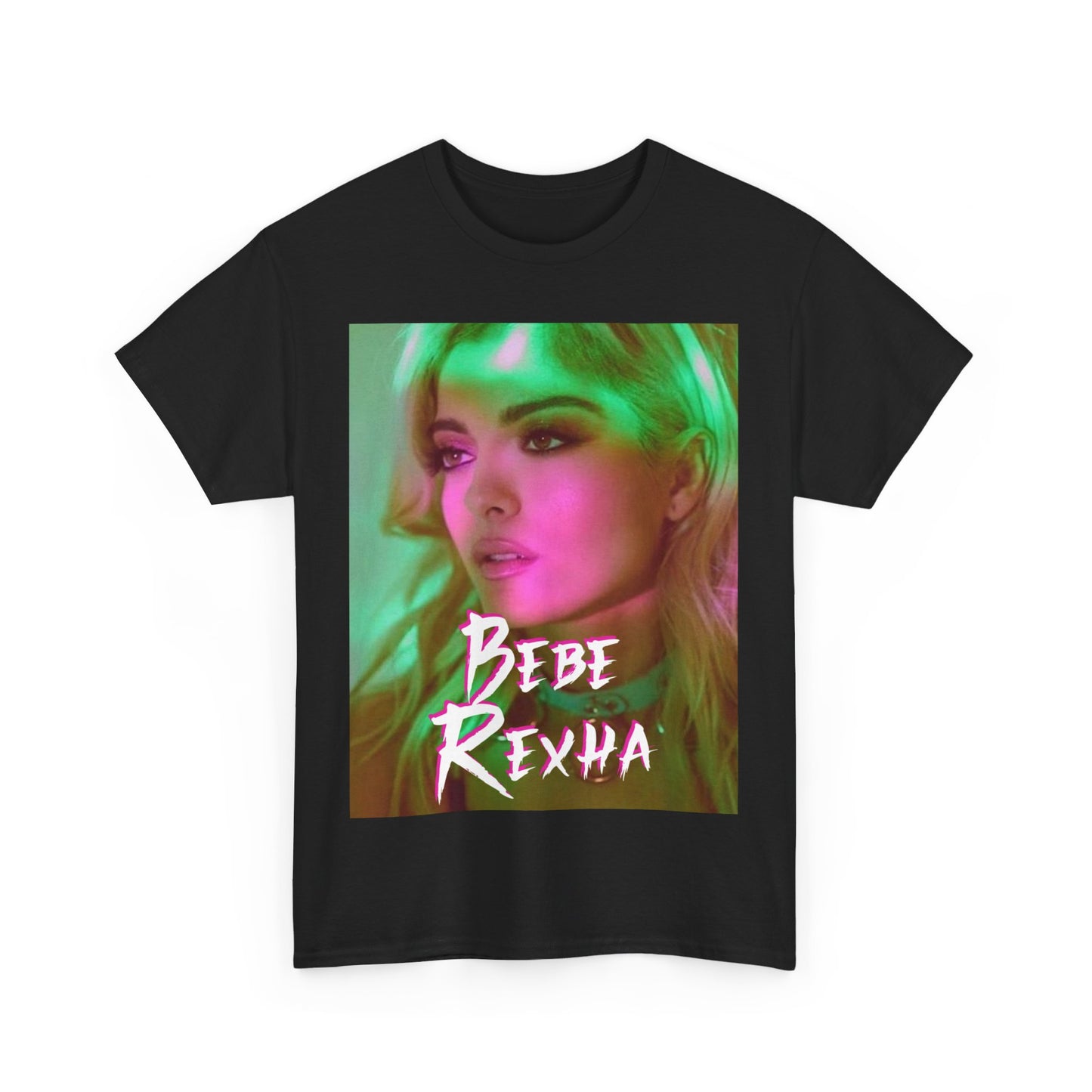 A black graphic t-shirt featuring a photo of Bebe Rexha, with neon lighting or elements, giving a chill vibe.