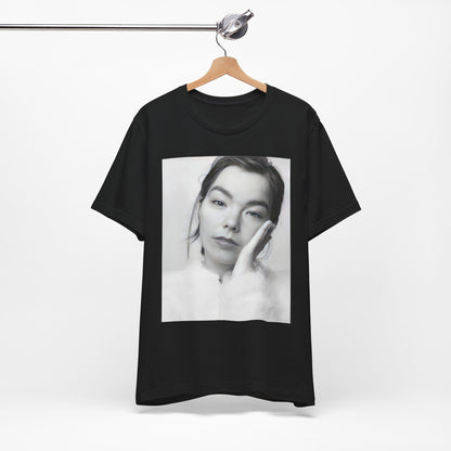 A black graphic t-shirt featuring a graphic related to Bjork's 'Post' album era, possibly with album art elements.