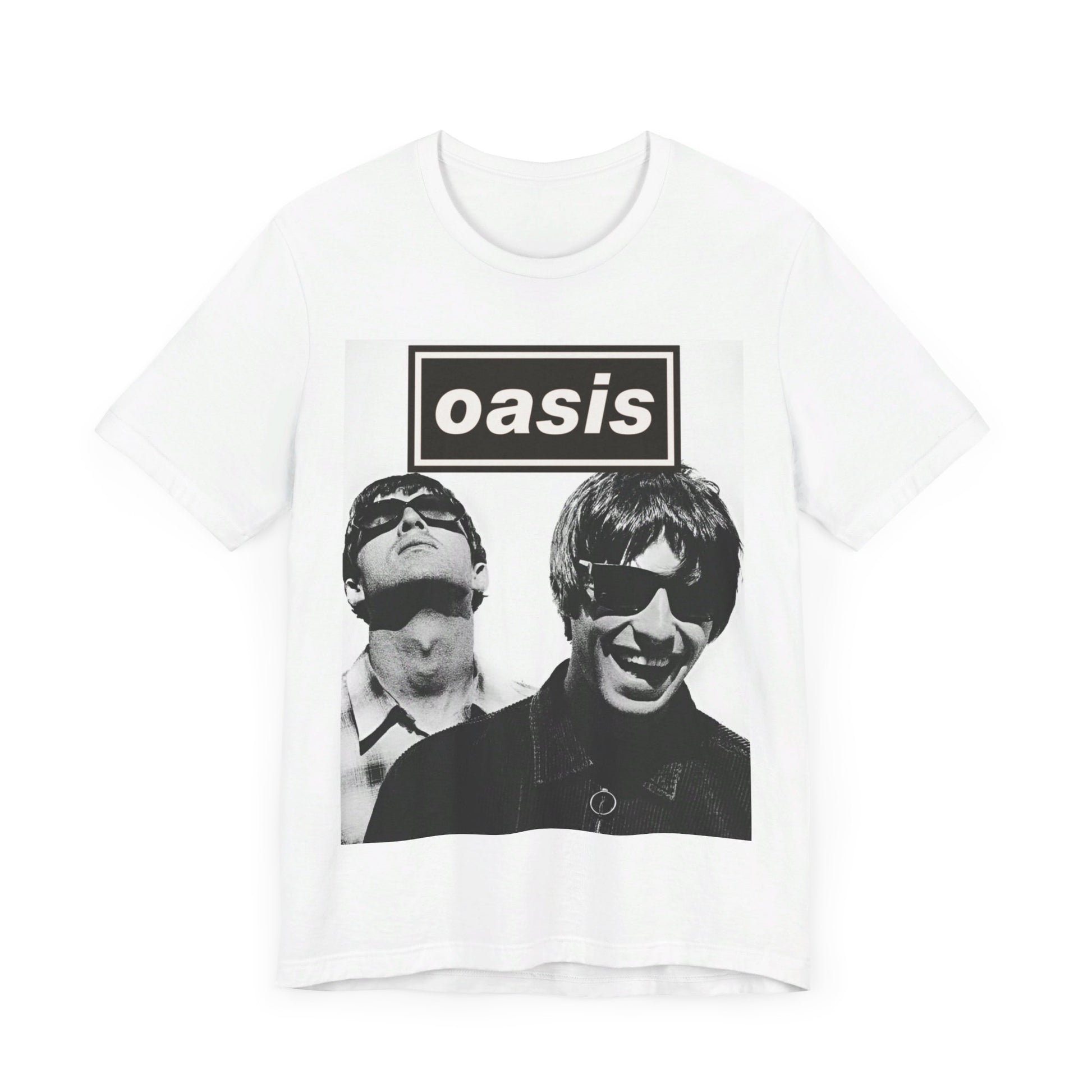 A black graphic t-shirt featuring a bold rock superstar graphic of Oasis.