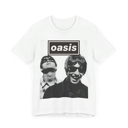 A black graphic t-shirt featuring a bold rock superstar graphic of Oasis.