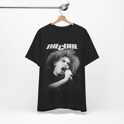 A black graphic t-shirt featuring a graphic of The Cure with a dark romanticism core aesthetic.