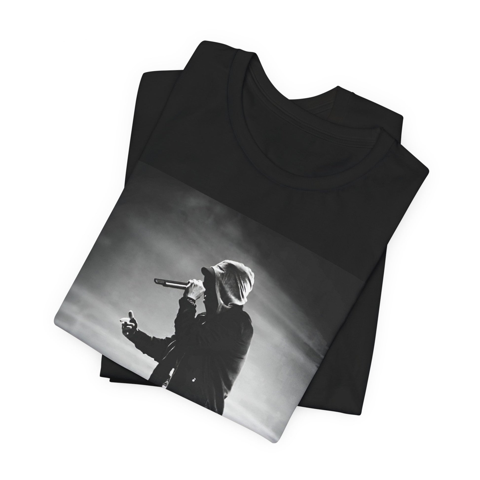 A black graphic t-shirt featuring a boxy hip hop aesthetic graphic of Eminem.