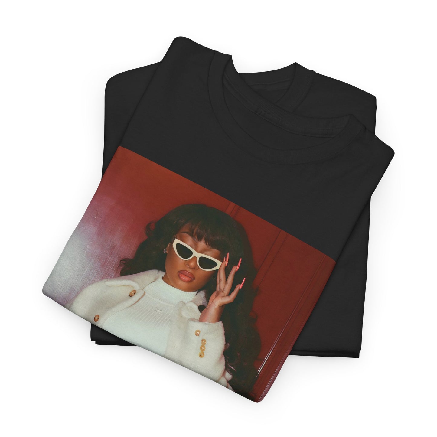 A black graphic t-shirt featuring a glamorous graphic of Megan Thee Stallion.