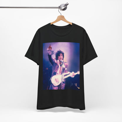 A black graphic t-shirt featuring a boxy graphic with a 'Purple Rain' vibe related to Prince.
