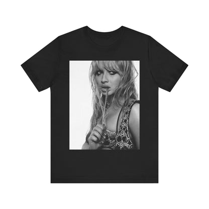 A black graphic t-shirt featuring a black and white portrait photo of Sabrina Carpenter.