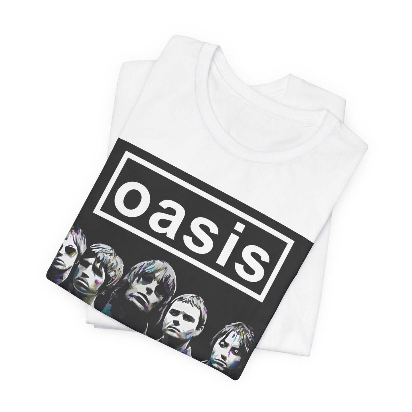 A black graphic t-shirt featuring a retro graphic related to Oasis's 'Definitely Maybe' album era.