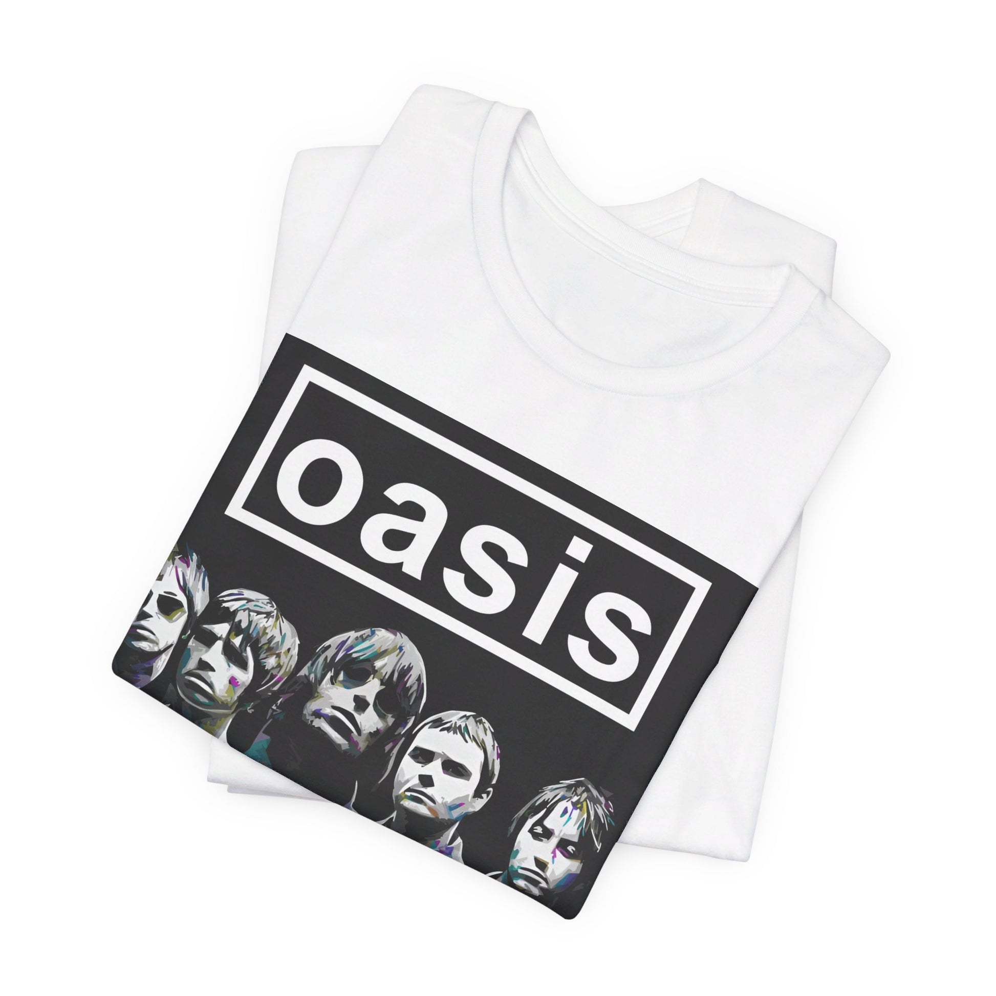 A black graphic t-shirt featuring a retro graphic related to Oasis's 'Definitely Maybe' album era.
