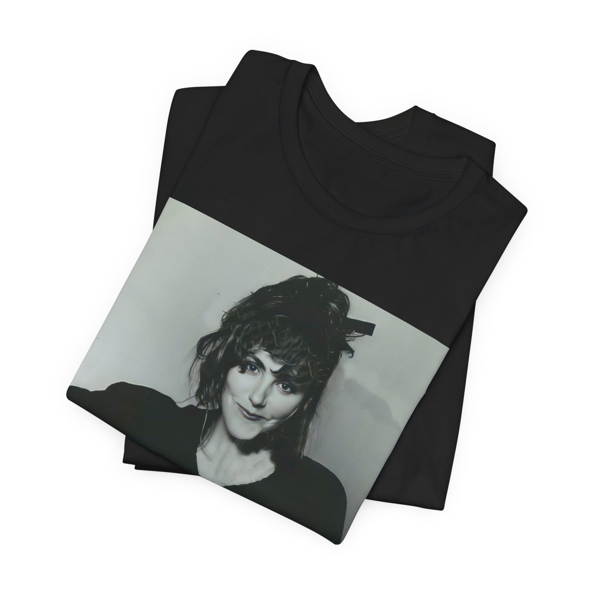 A black graphic t-shirt featuring a casual 80s pop fan graphic of Laura Branigan.