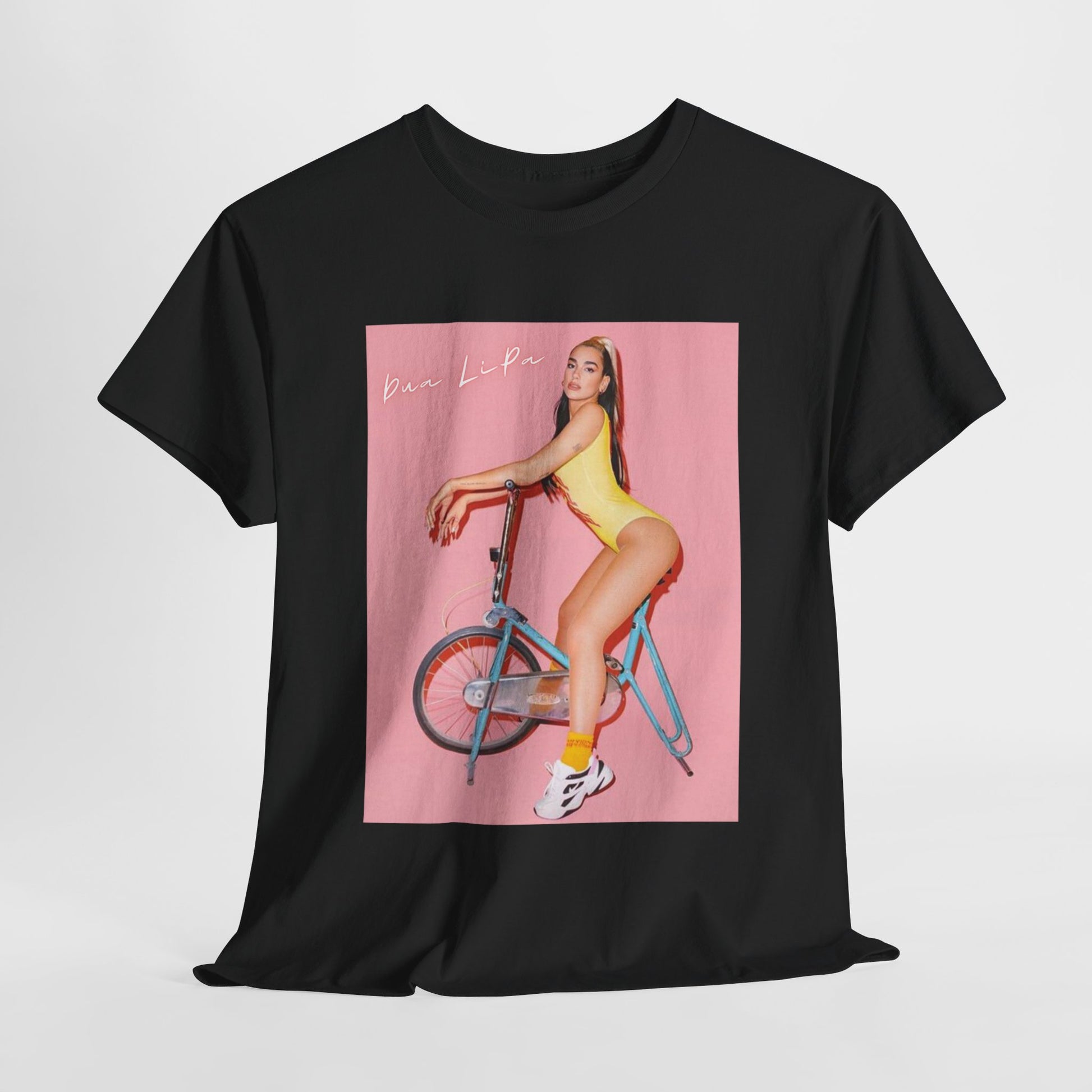 A black graphic t-shirt featuring a bold graphic inspired by Dua Lipa's "Physical" song, possibly with workout themes.