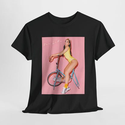 A black graphic t-shirt featuring a bold graphic inspired by Dua Lipa's "Physical" song, possibly with workout themes.