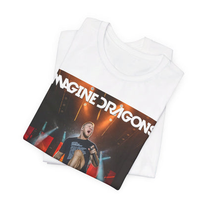 A black graphic t-shirt featuring a graphic or photo of Imagine Dragons performing live on stage.