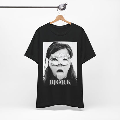A black graphic t-shirt featuring a black and white portrait photo of Bjork.