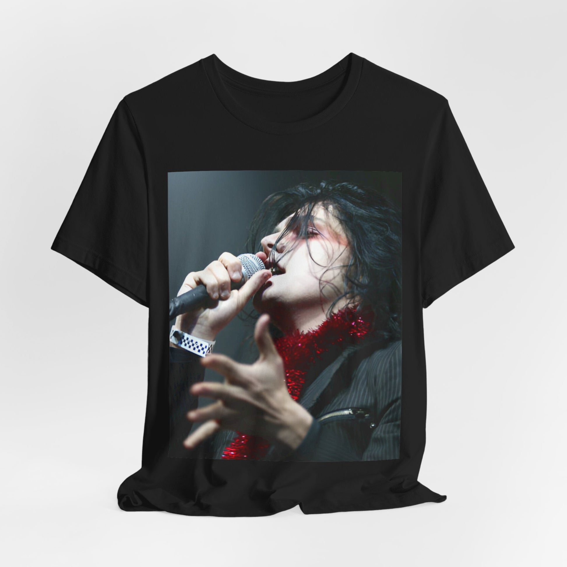 A black graphic t-shirt featuring an emo graphic of Gerard Way from My Chemical Romance.