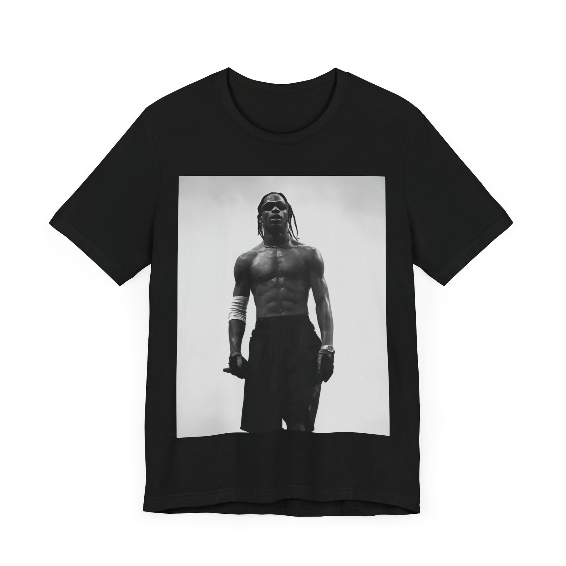 A black graphic t-shirt featuring a black and white portrait photo of Travis Scott.