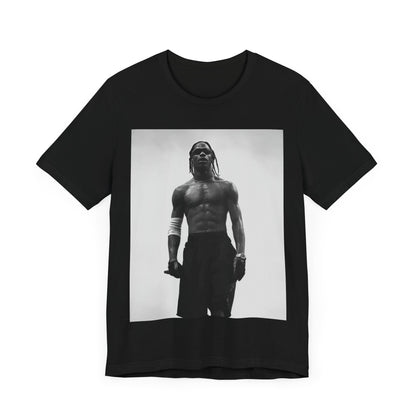 A black graphic t-shirt featuring a black and white portrait photo of Travis Scott.