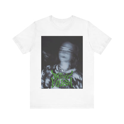 A photo of Billie Eilish in a classic 'anti-popstar' pose, with a bored expression and slouchy streetwear, printed on a graphic t-shirt.