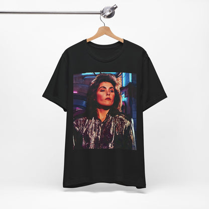 A black graphic t-shirt featuring an 80s synth pop aesthetic graphic of Laura Branigan.