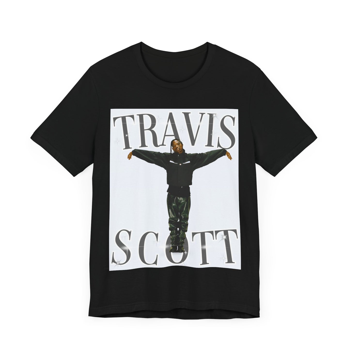 A black graphic t-shirt featuring a cool streetwear icon graphic of Travis Scott.