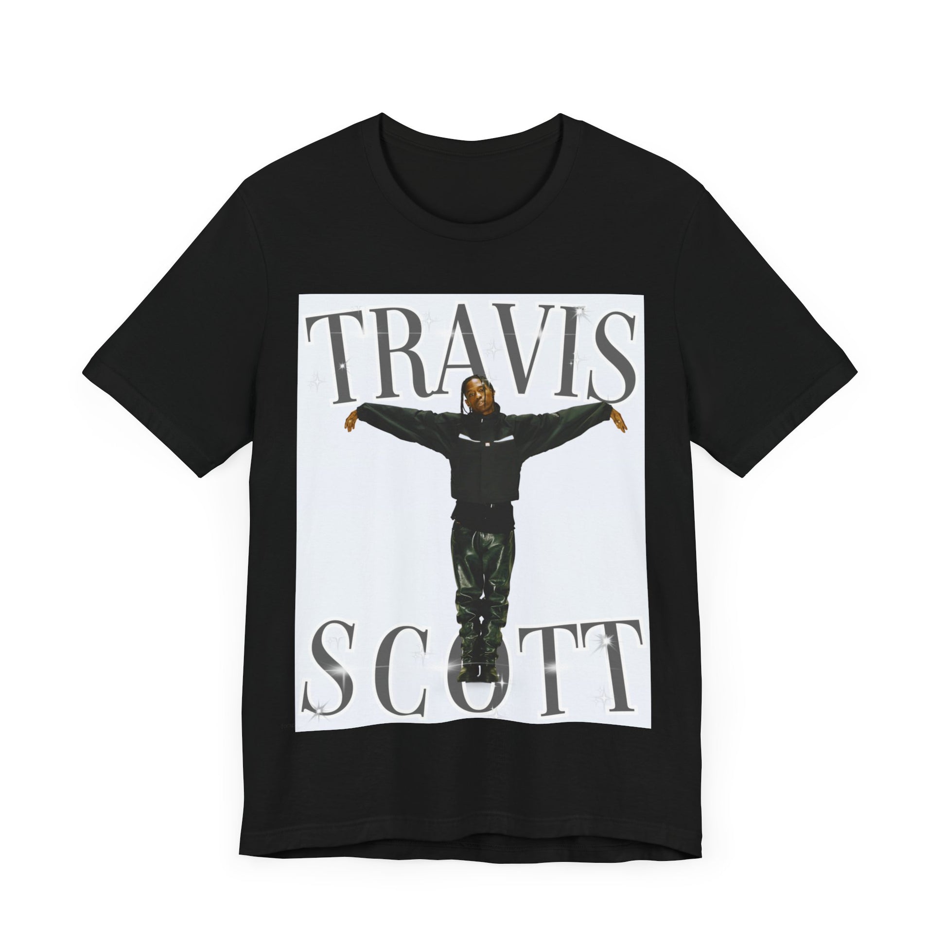 A black graphic t-shirt featuring a cool streetwear icon graphic of Travis Scott.