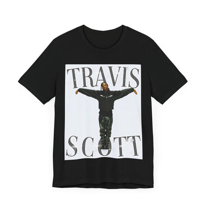 A black graphic t-shirt featuring a cool streetwear icon graphic of Travis Scott.