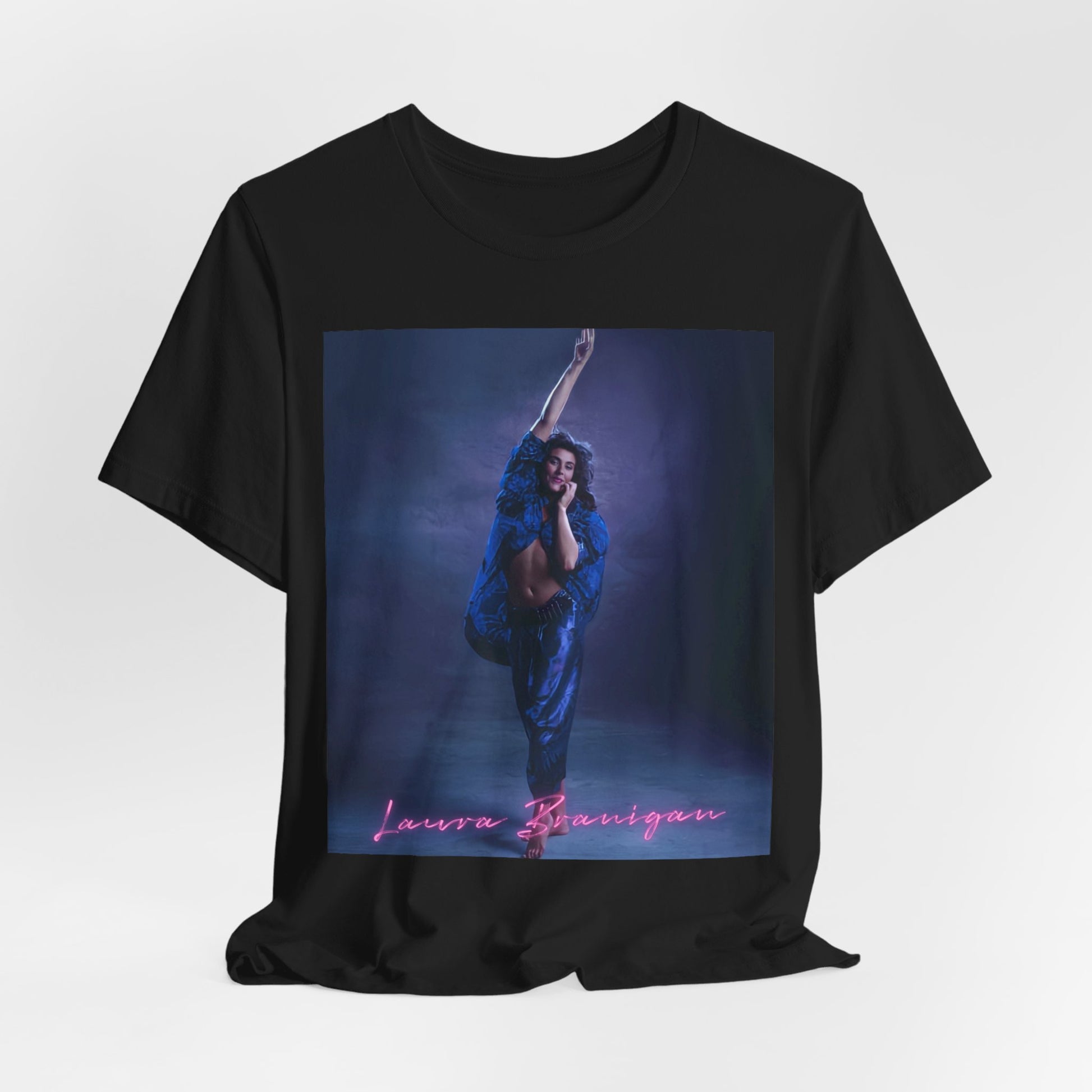 A black graphic t-shirt featuring an 80s synth pop aesthetic graphic of Laura Branigan.