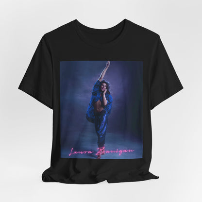 A black graphic t-shirt featuring an 80s synth pop aesthetic graphic of Laura Branigan.