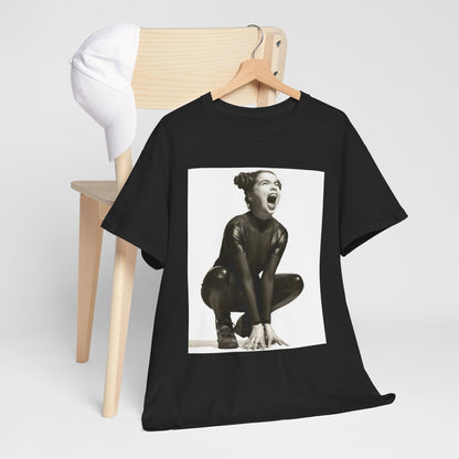 A black graphic t-shirt featuring a 90s black and white graphic of Bjork with a rebellious or edgy pose.