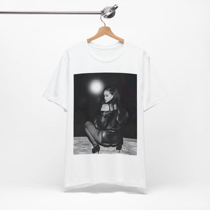 A black graphic t-shirt featuring a black and white sexy graphic of Rihanna.