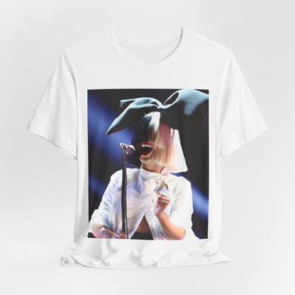 A black graphic t-shirt featuring a graphic related to Sia's 'Elastic Heart' live era.