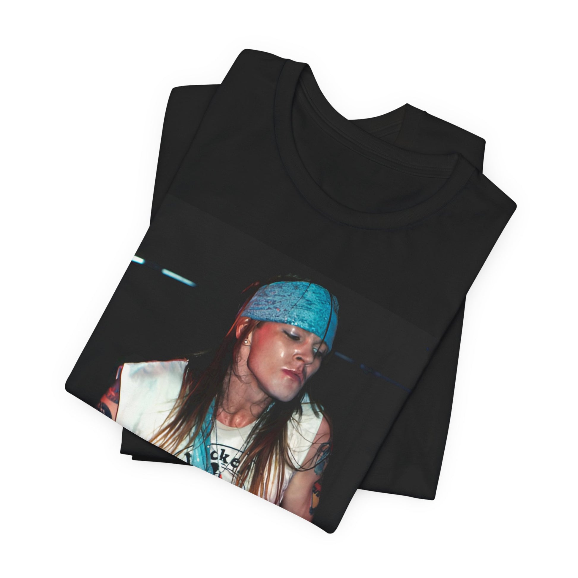 A black graphic t-shirt featuring a graphic related to Guns N' Roses' "Welcome to the Jungle" song or era.