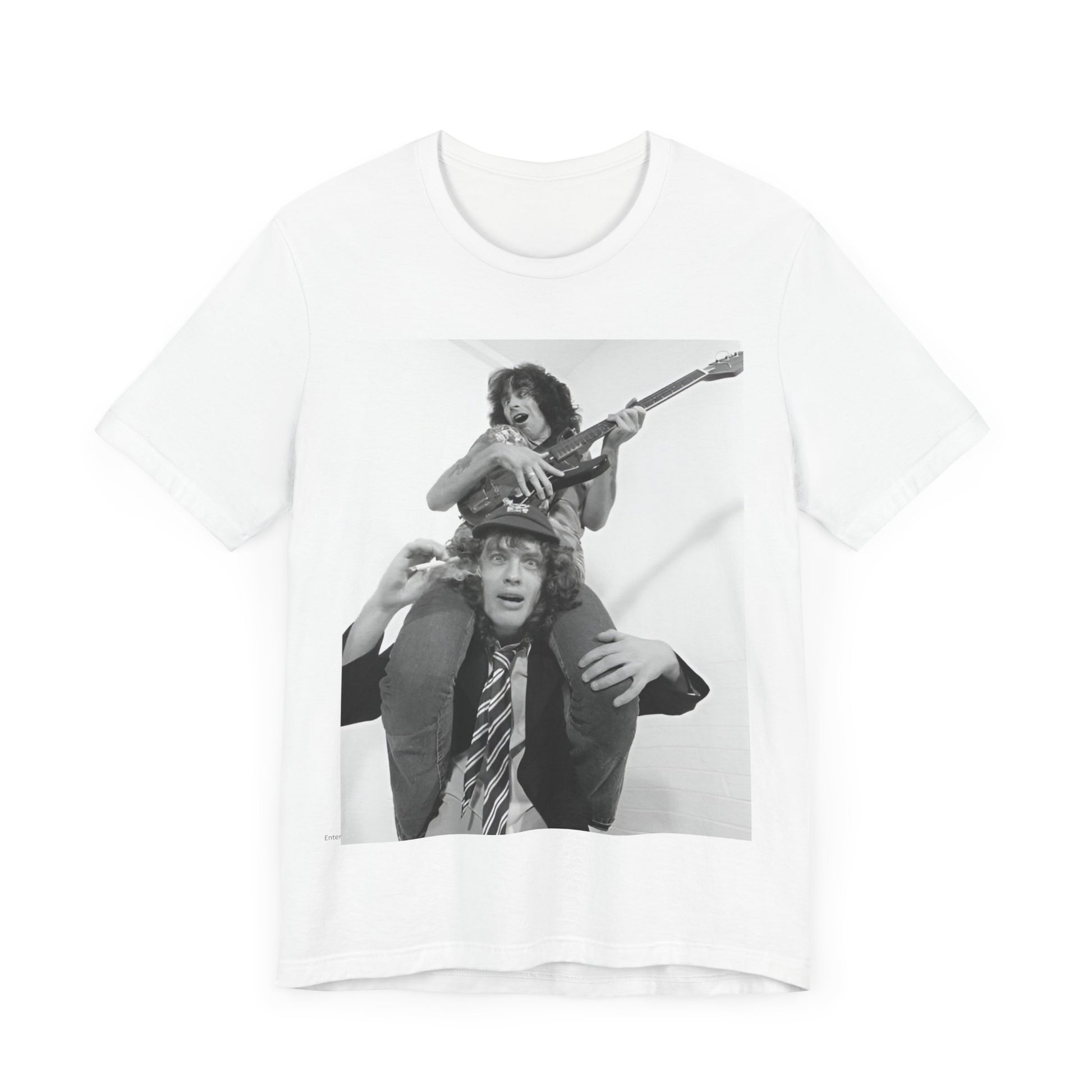 A black graphic t-shirt featuring a split image of AC/DC's Bon Scott and Angus Young, representing the band's iconic duo.