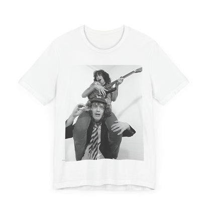 A black graphic t-shirt featuring a split image of AC/DC's Bon Scott and Angus Young, representing the band's iconic duo.