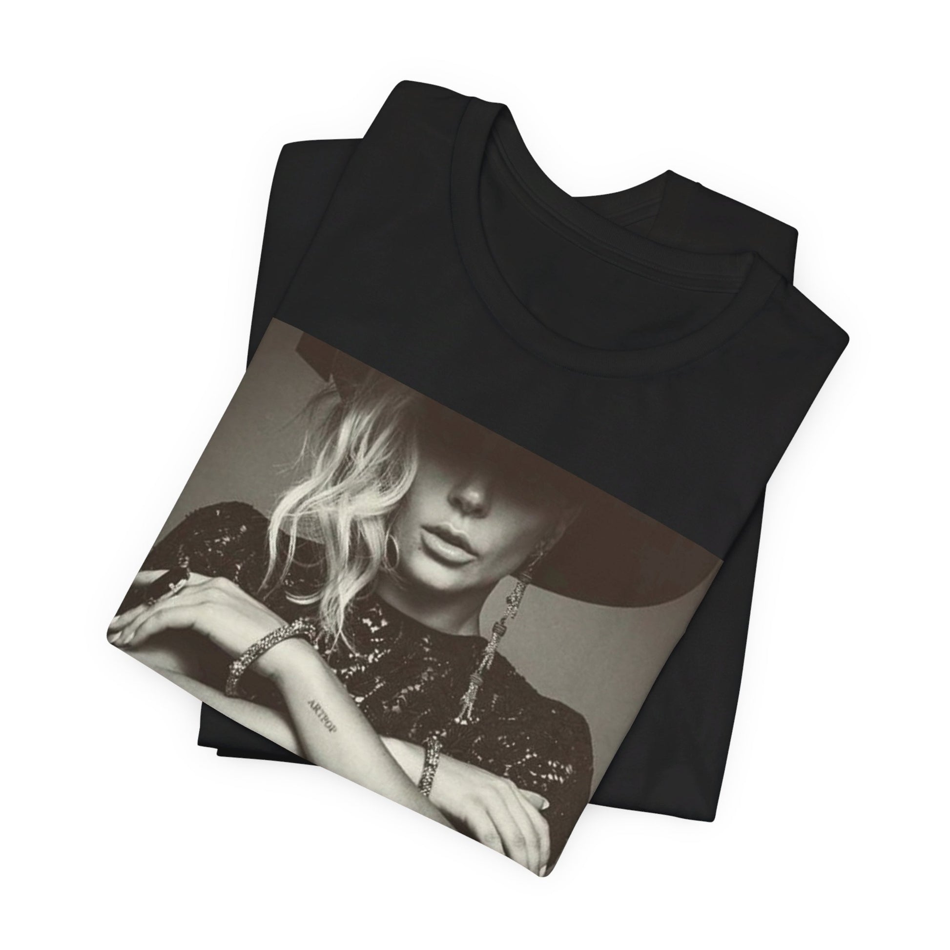 A black graphic t-shirt featuring a bold graphic of Lady Gaga as a pop superstar.