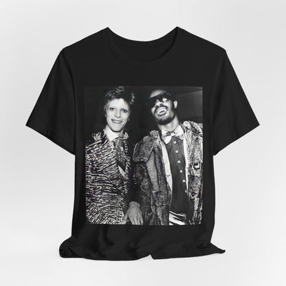 A black graphic t-shirt featuring a retro graphic of Stevie Wonder and David Bowie together.
