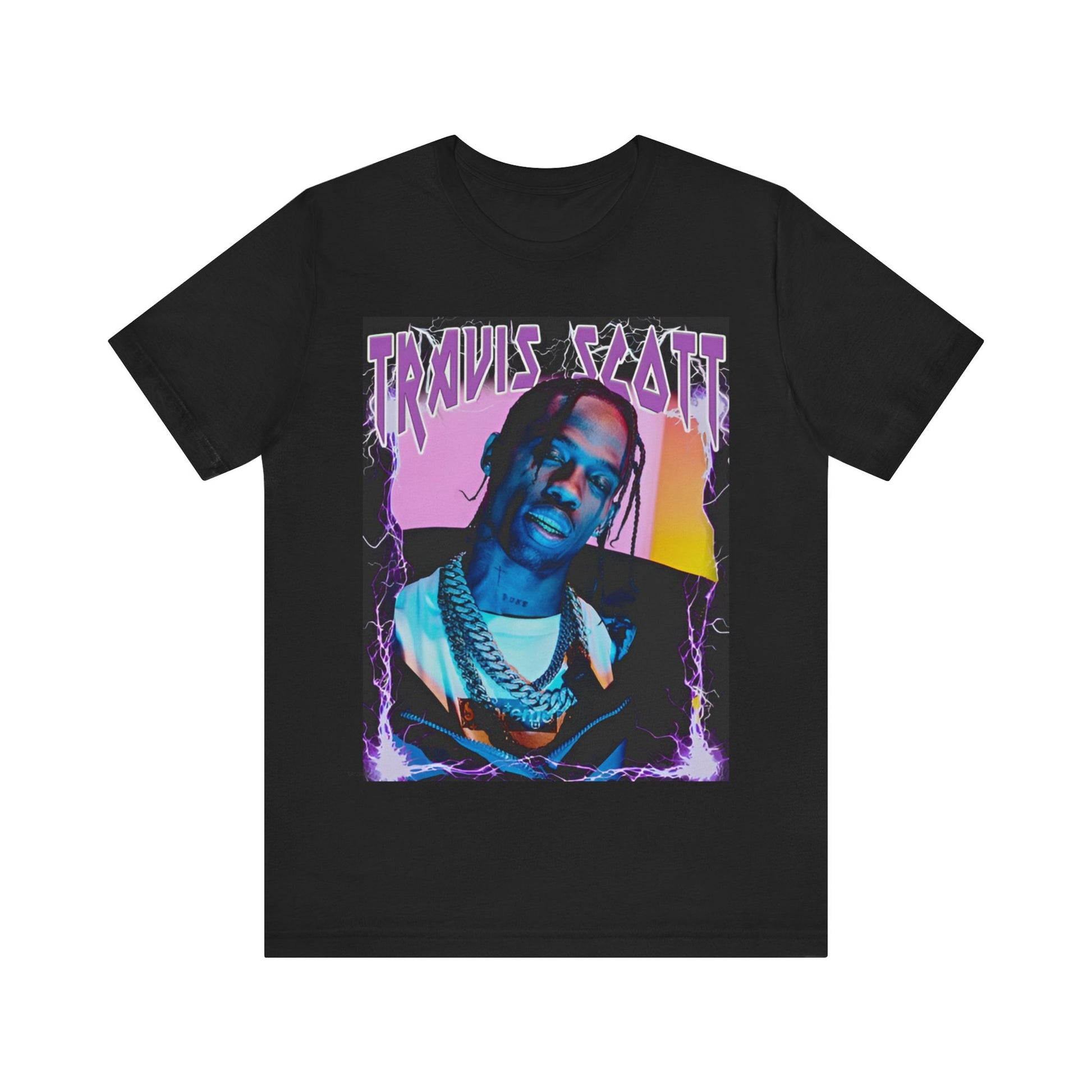 A black graphic t-shirt featuring a retro bootleg graphic of Travis Scott.