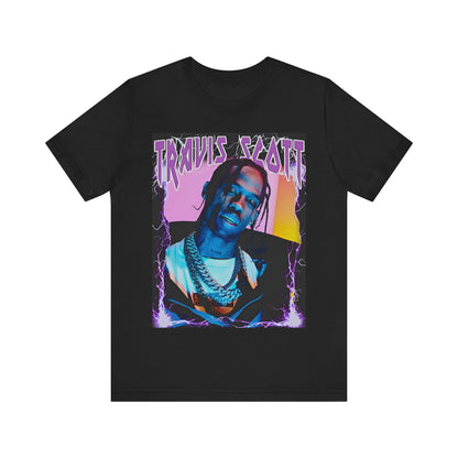 A black graphic t-shirt featuring a retro bootleg graphic of Travis Scott.