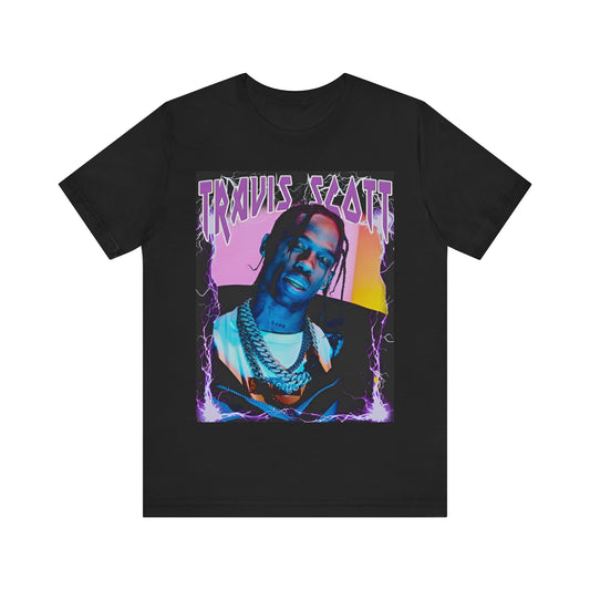 A black graphic t-shirt featuring a retro bootleg graphic of Travis Scott.