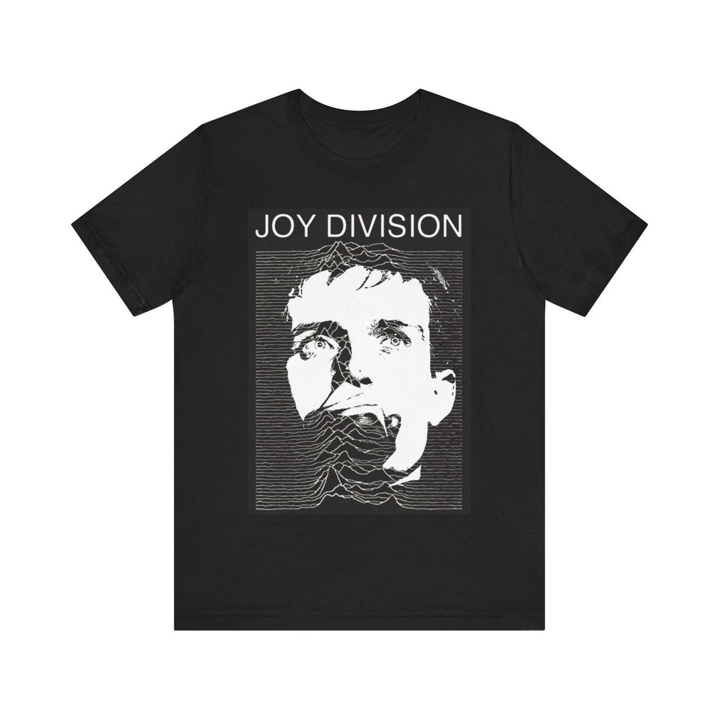 A black graphic t-shirt featuring iconic album art graphic of Joy Division.