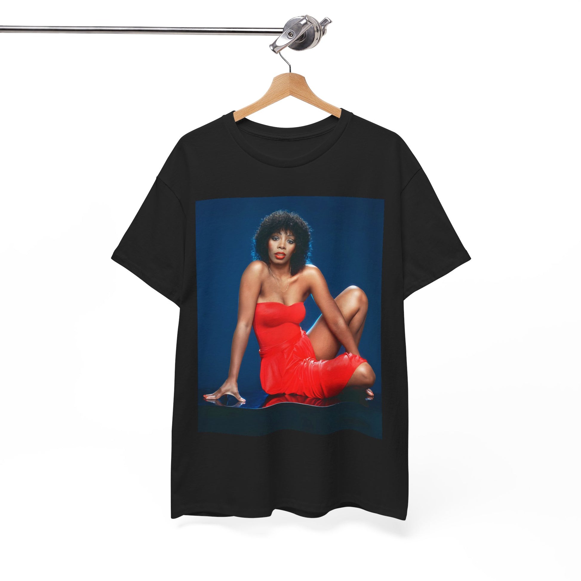 A black graphic t-shirt featuring a graphic of Donna Summer, designed in a Studio 54 style.