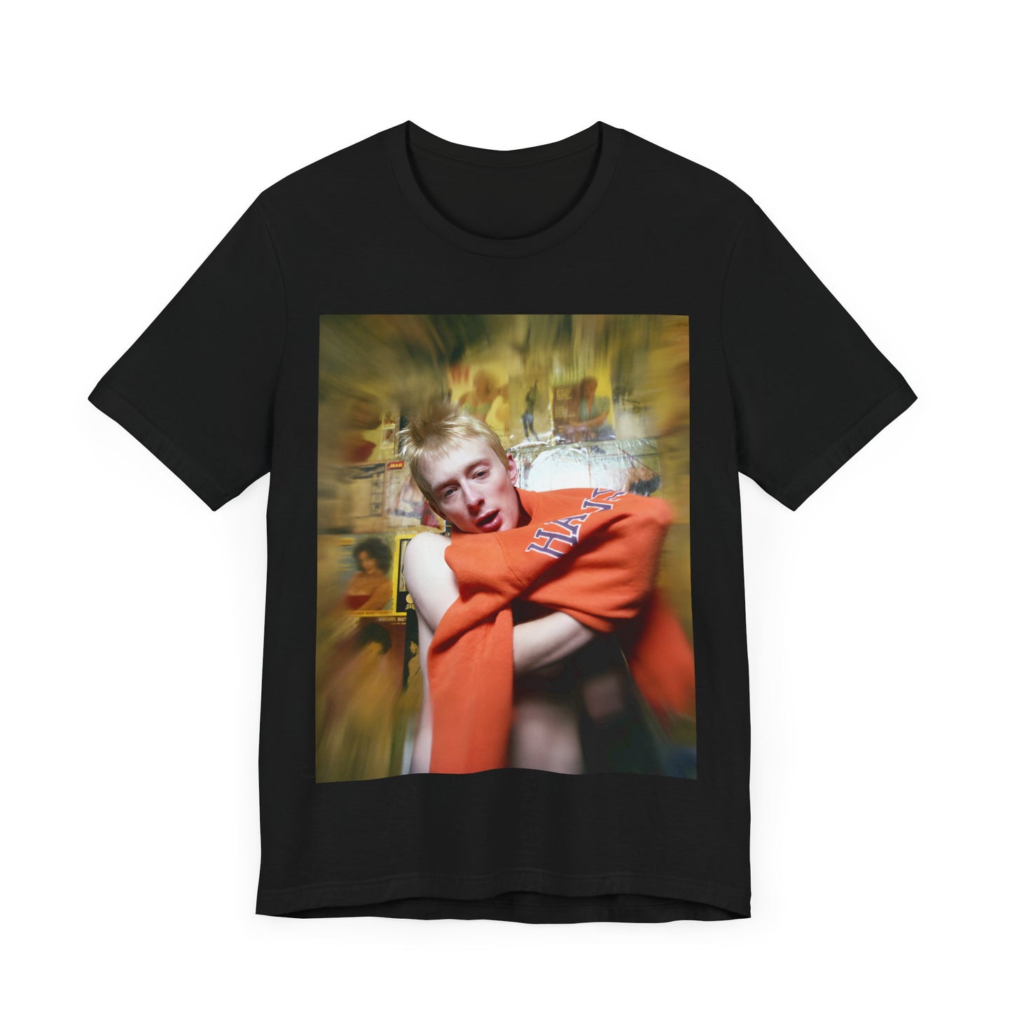 A black graphic t-shirt featuring a rock aesthetic graphic of Radiohead.