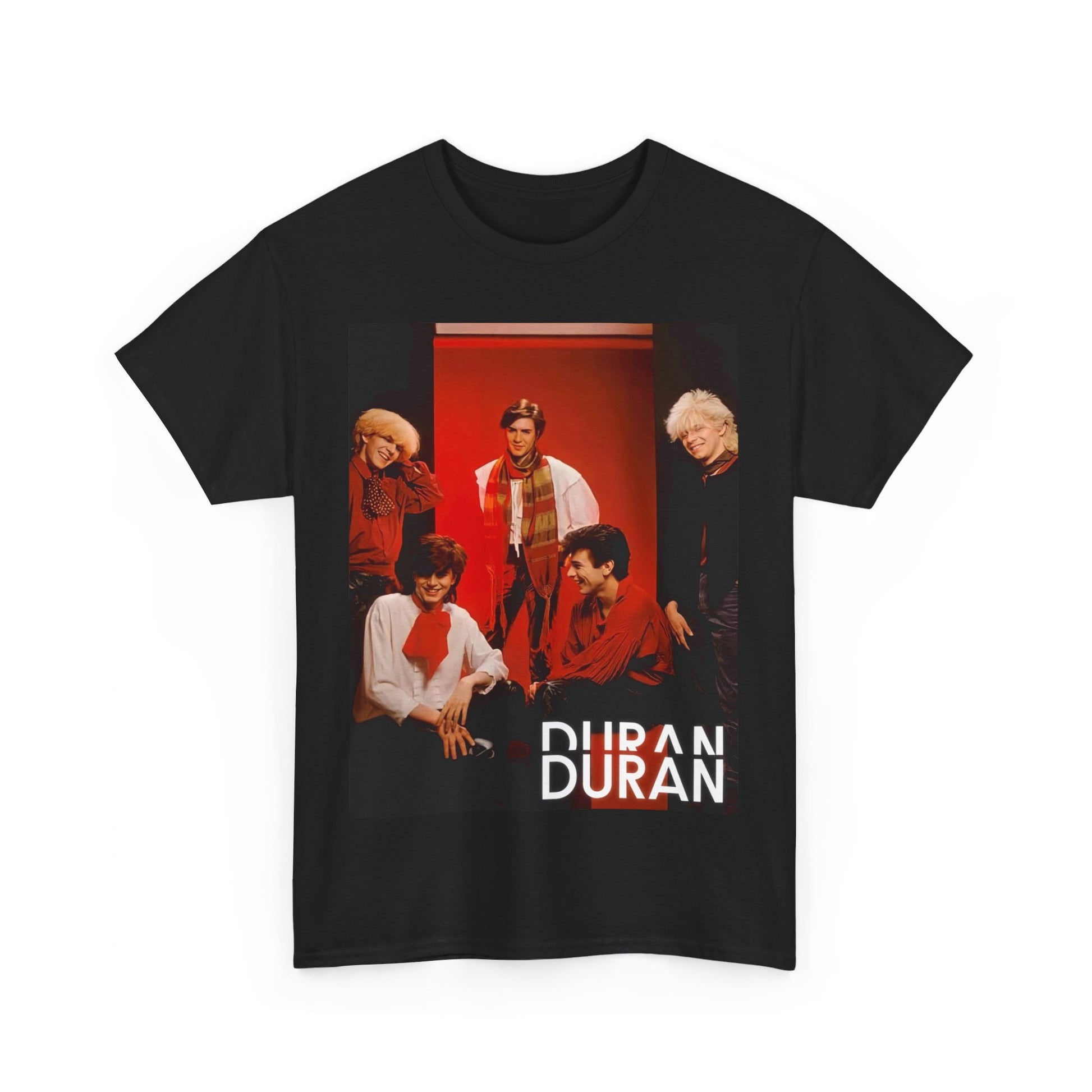A black graphic t-shirt featuring an 80s aesthetic pop graphic of Duran Duran.