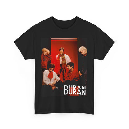 A black graphic t-shirt featuring an 80s aesthetic pop graphic of Duran Duran.
