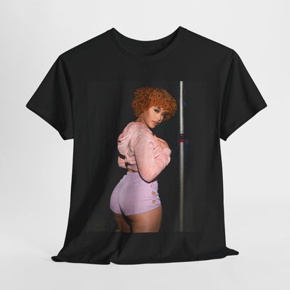 A black graphic t-shirt featuring a retro graphic of Ice Spice with her curly red hair.